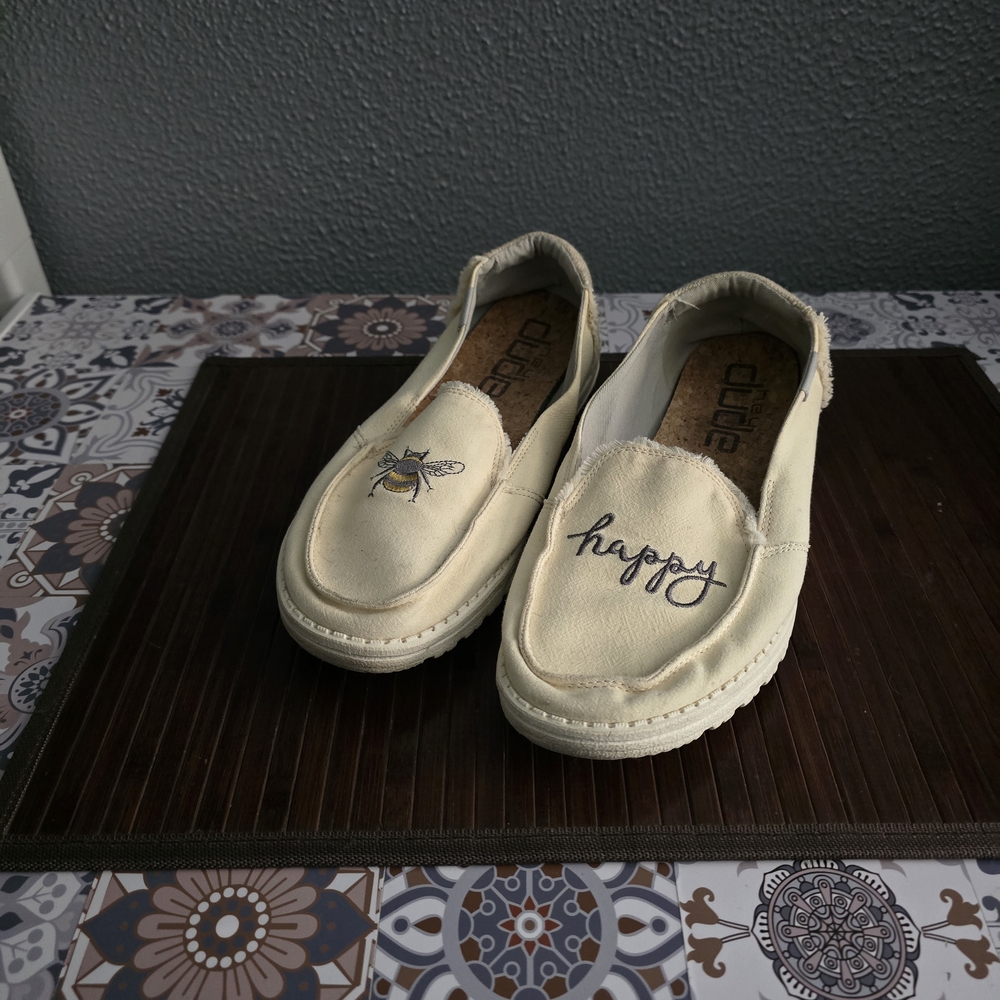 Beige Heydude Shoes with a Bee and 'Happy' Embroidery